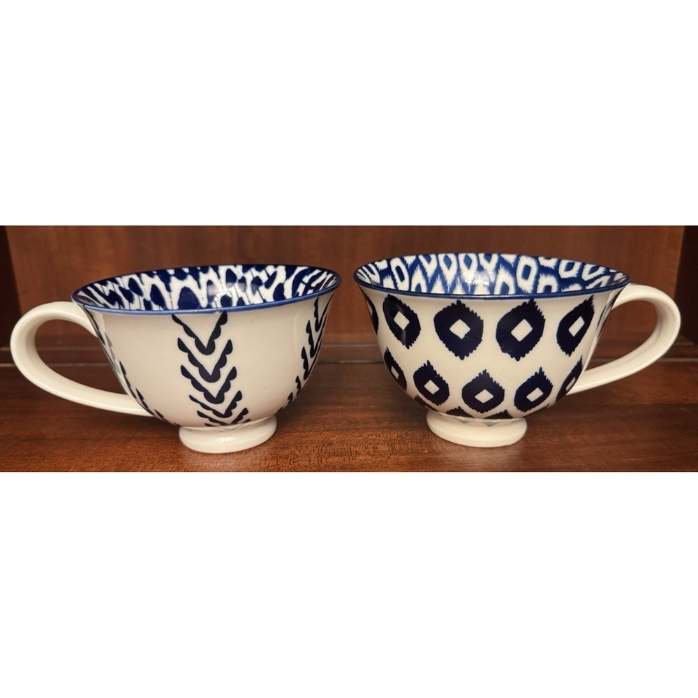 Blue & White Handled Soup Bowls Set 2 Ceramic 5" Chili Cereal